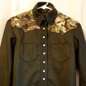 Western Snap up Shirt Jacket XS Olive green Trees moss oak woods design V-yoke
